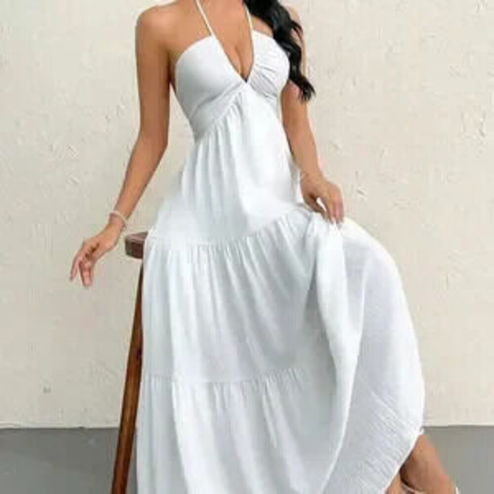 White Sexy Women's Crepe Halter Neck Tie Backless Maxi Dress - Picture 3 of 3